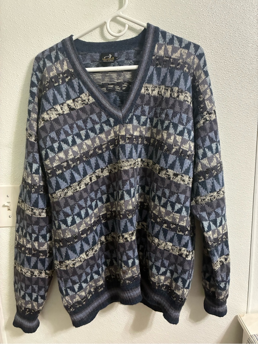 Men's MonRepos Vintage Alpaca V-Neck Patterned Blue Sweater XL